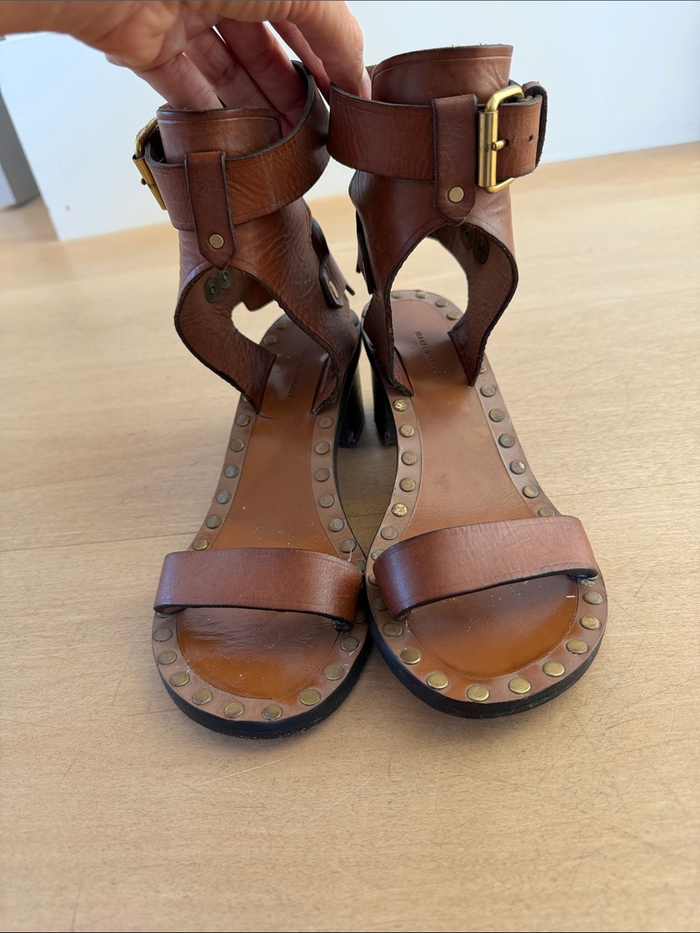 Isabel Marant Brown Leather Studded High-Heel Sandals with Ankle Buckle 38